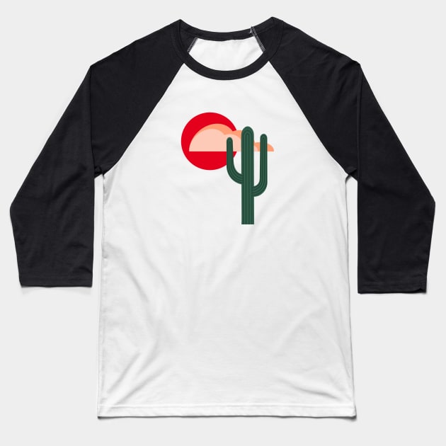 Stylized Desert Landscape with Saguaro Cactus Baseball T-Shirt by Obstinate and Literate